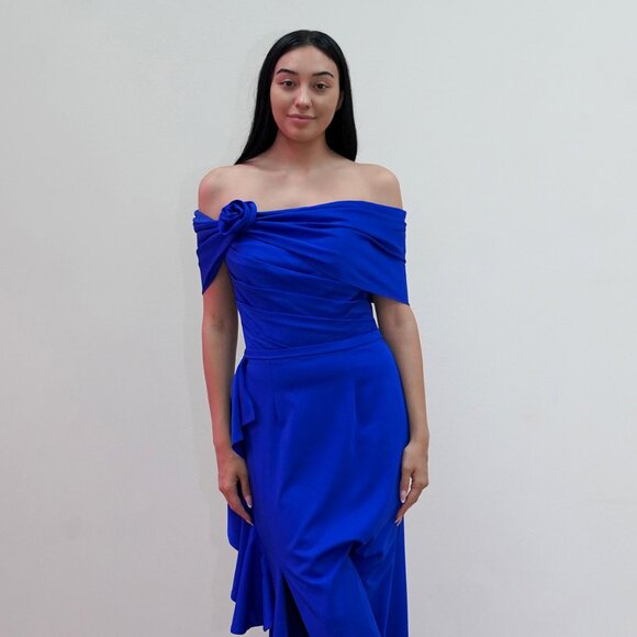 New Off Shoulder Sheath Ruffled Prom Gown w/ Rosette Detail & Leg Slit JT2716C - Picture 1 of 8